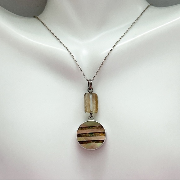 Vintage Signed Sandy Baker Sunstone Abalone Sterling Silver Necklace - Picture 2 of 12